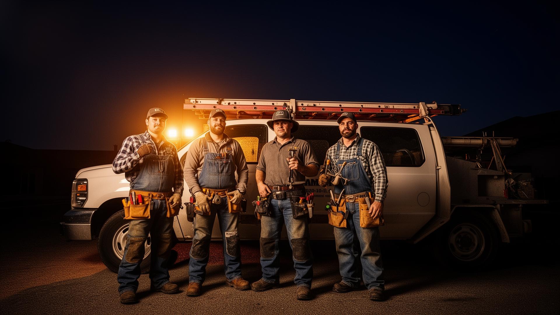 Crew of trade contractors in front of work truck