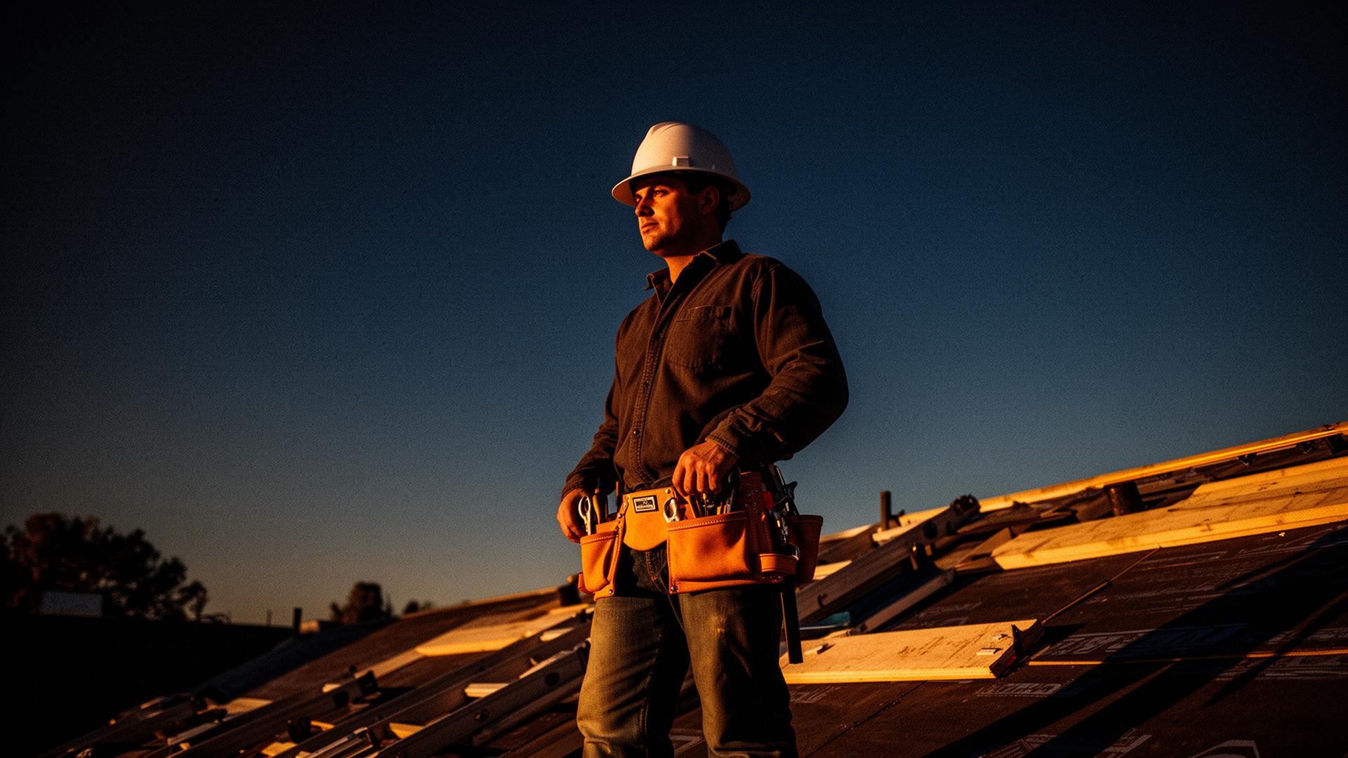 Contractor on rooftop at golden hour